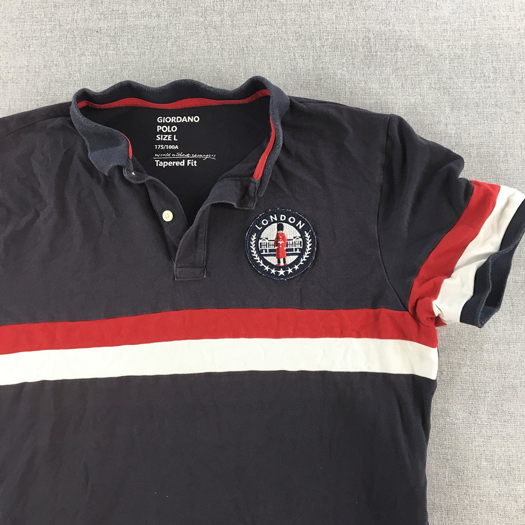 Giordano Mens Polo Shirt Size L Tapered Fit Navy Blue London Logo Striped Rugby