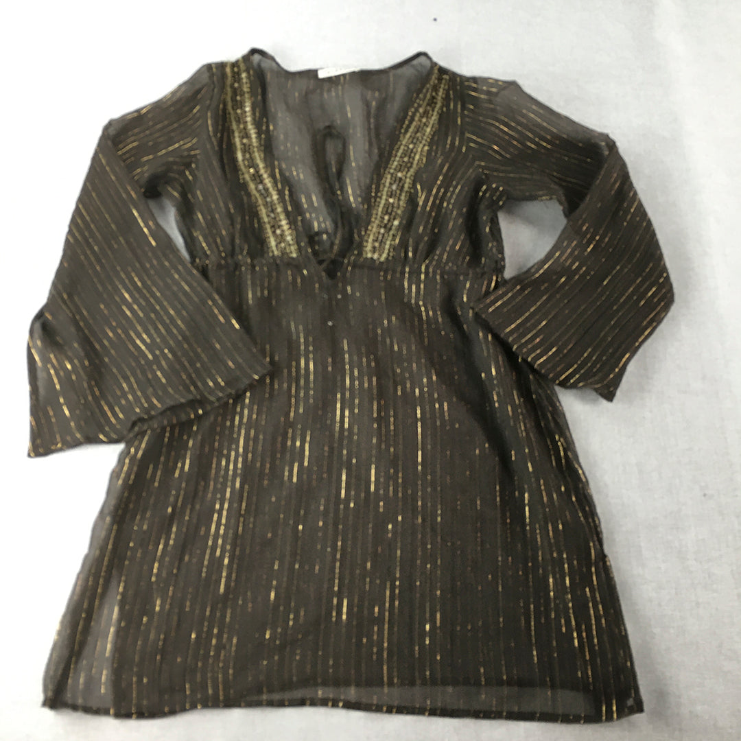 George Womens Mini Dress Size 12 Brown & Gold Striped A-Line Long Sleeve