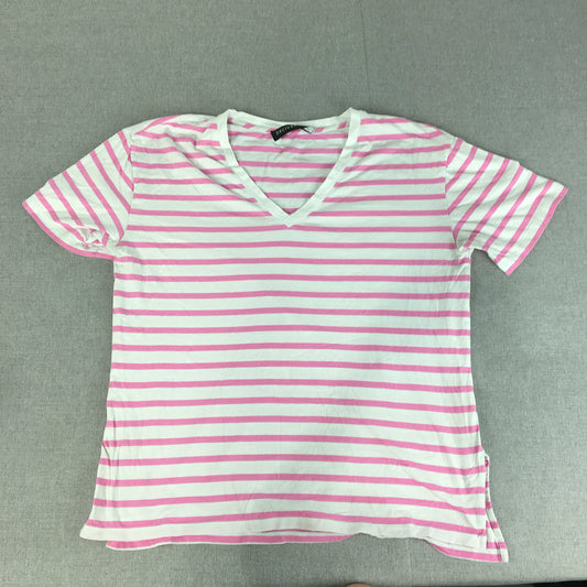 Decjuba Womens T-Shirt Size M Pink White Striped V-Neck Short Sleeve Top