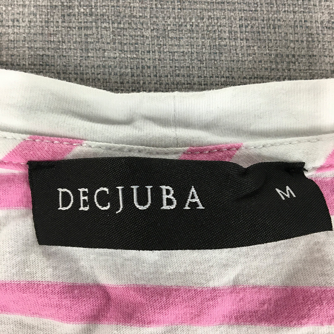 Decjuba Womens T-Shirt Size M Pink White Striped V-Neck Short Sleeve Top