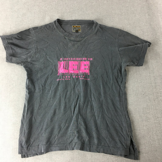 Vintage Lee Denim Womens T-Shirt Size 12 Grey Pink Logo Short Sleeve Tee