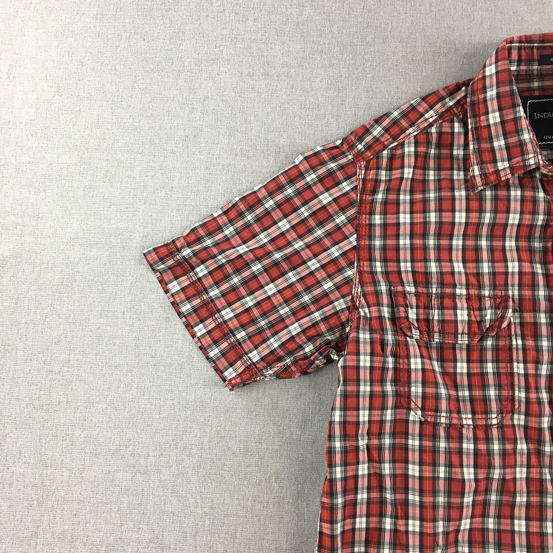 Indian Terrain Mens Shirt Szie M Red Checkered Short Sleeve Button-Up Collared