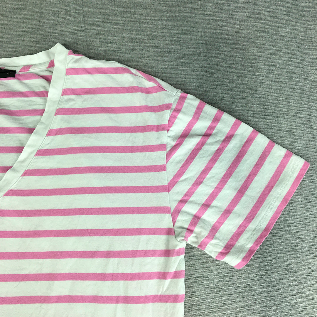 Decjuba Womens T-Shirt Size M Pink White Striped V-Neck Short Sleeve Top