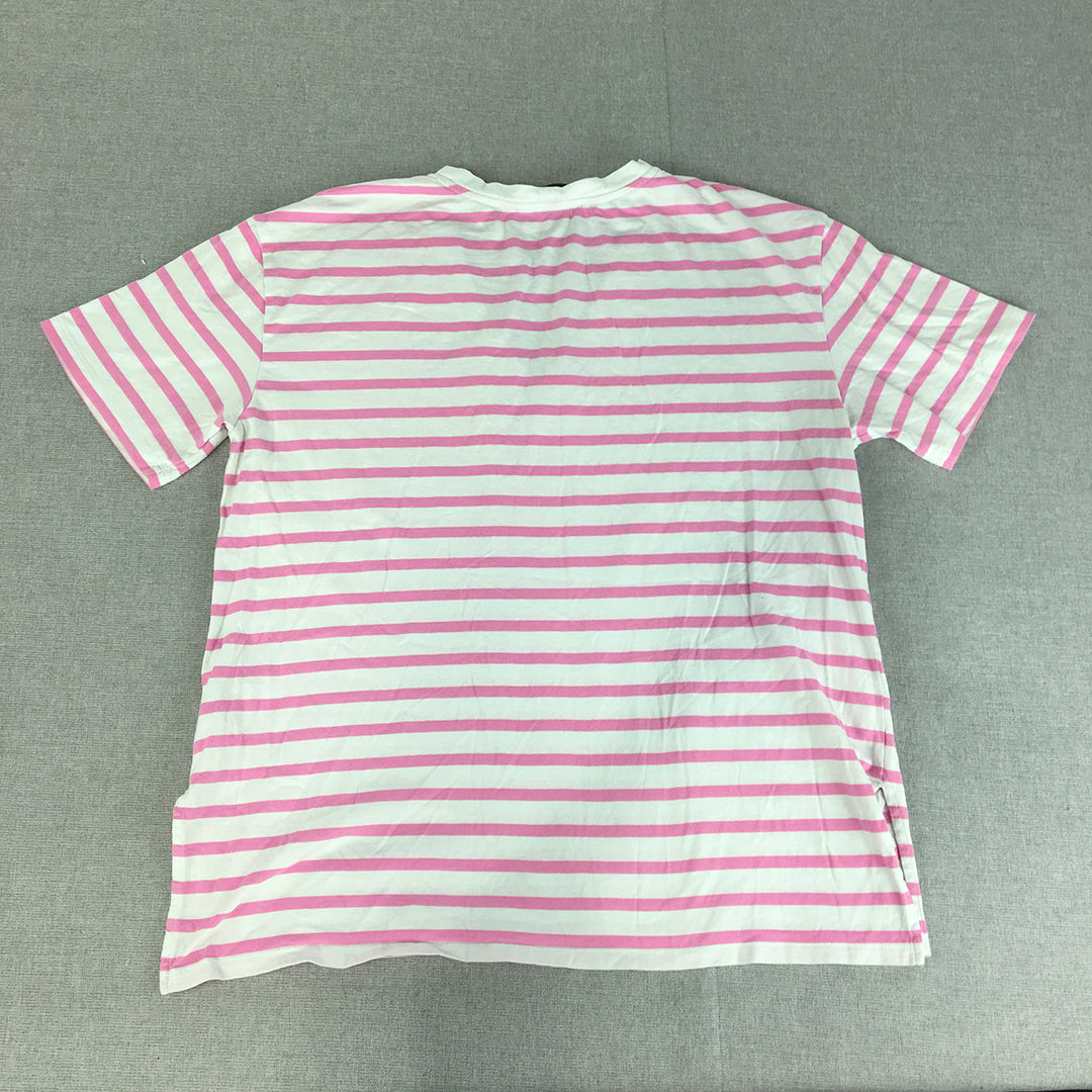 Decjuba Womens T-Shirt Size M Pink White Striped V-Neck Short Sleeve Top