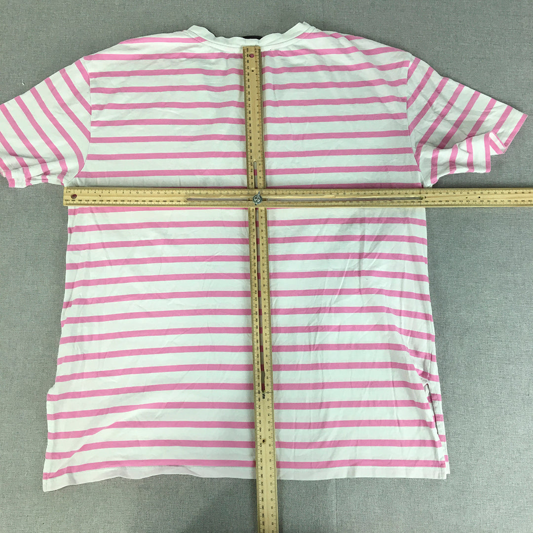 Decjuba Womens T-Shirt Size M Pink White Striped V-Neck Short Sleeve Top