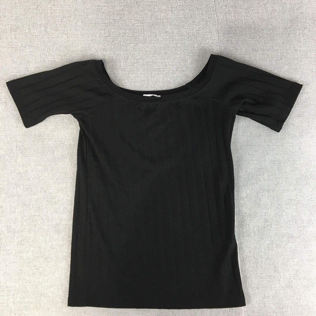 Zara Womens Knit Top Size S Black Stretch Short Sleeve Round Neck Shirt