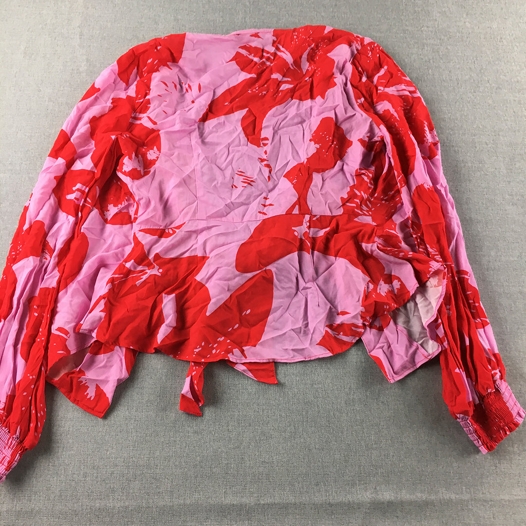 Bardot Womens Top Size 12 Red & Pink Floral Long Sleeve Blouse