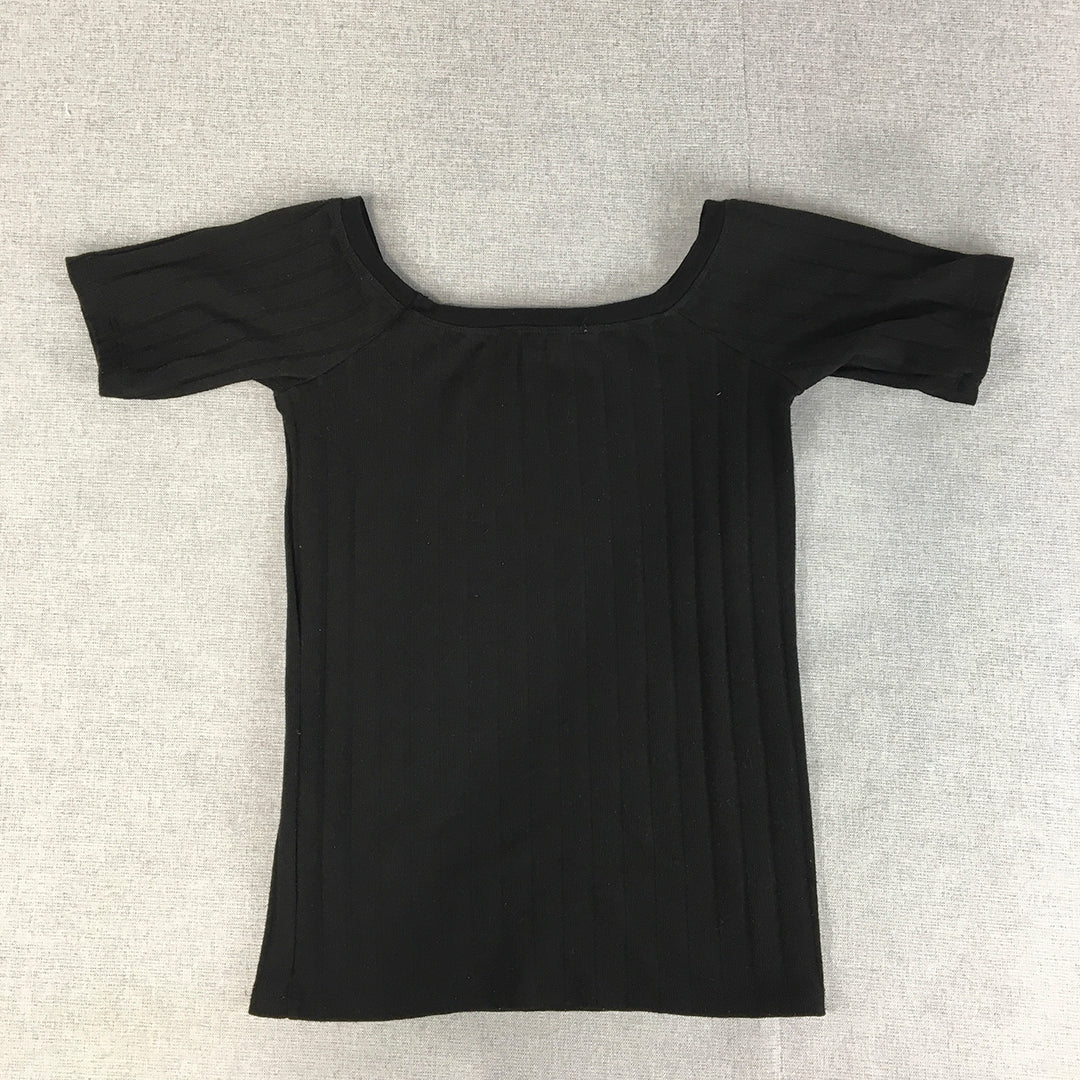 Zara Womens Knit Top Size S Black Stretch Short Sleeve Round Neck Shirt