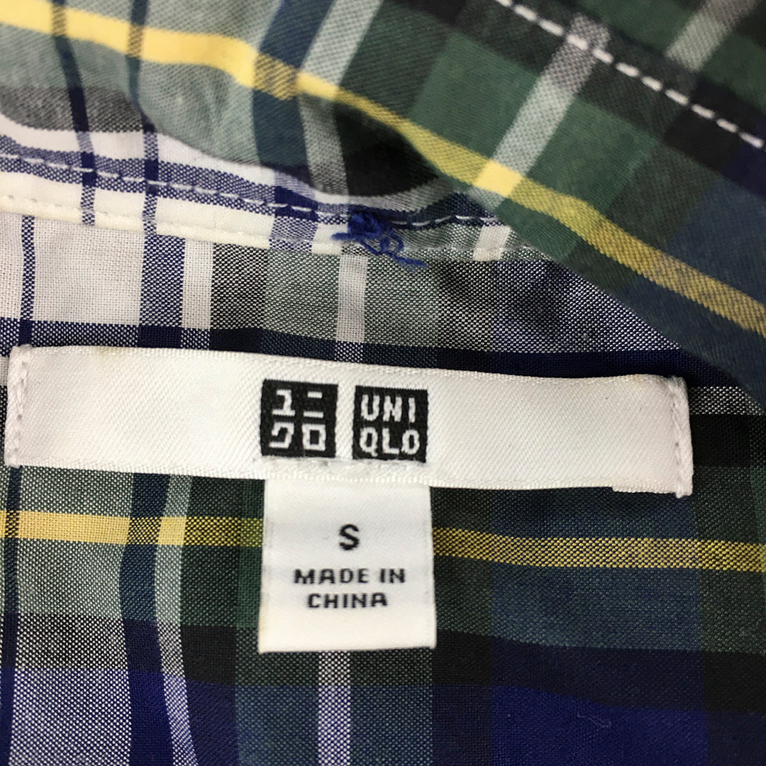 Uniqlo Mens Shirt Size S Blue Green Long Sleeve Checkered Button-Up