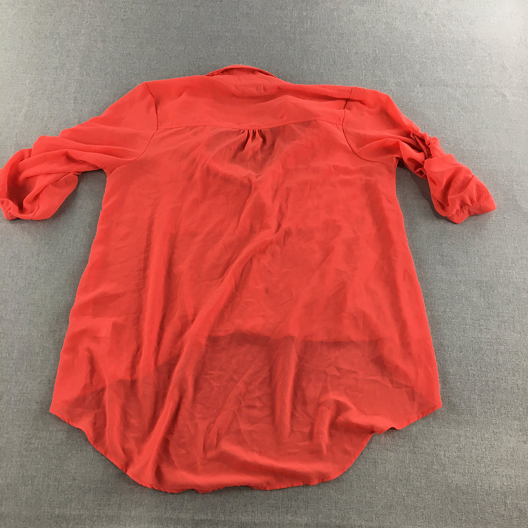 Bardot Womens Shirt Size 14 Red Button-Up 3/4 Length Sleeves