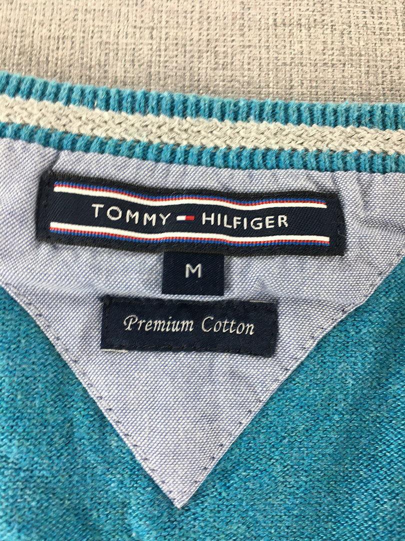 Tommy Hilfiger Mens Knit Sweater Size M Blue Logo V-Neck Pullover Jumper