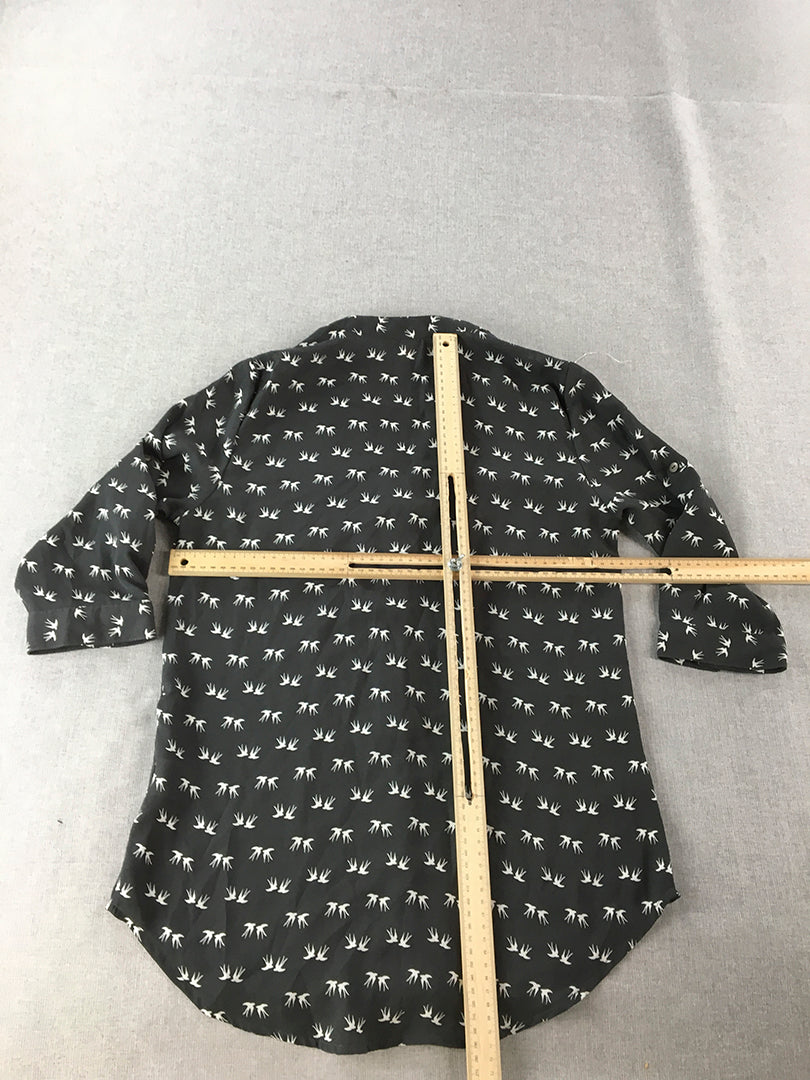 Bongo Womens Shirt Size M Black Bird Pattern Button-Up 3/4 Length Sleeves