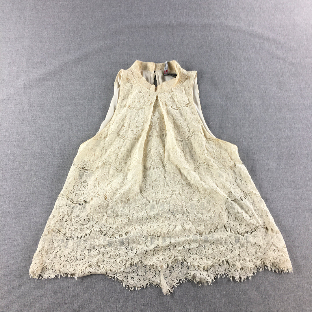 Fire Los Angeles Womens Top Size M Rayon Floral Lace Sleeveless Blouse White