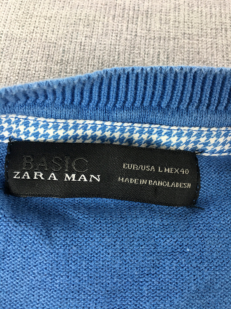 Zara Mens Knit Sweater Size L Blue V-Neck Pullover Jumper