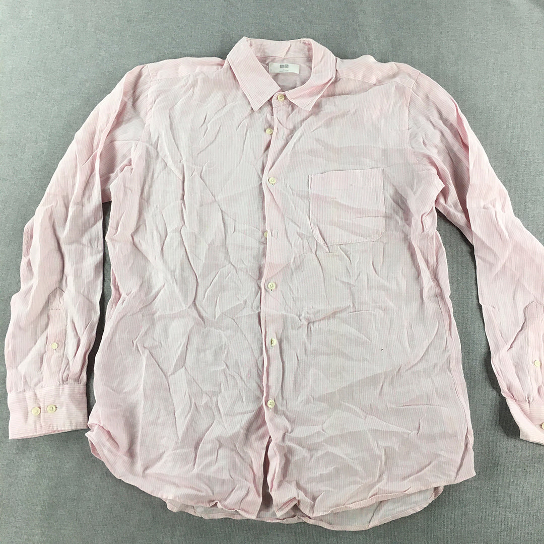 Uniqlo Mens 100% Flax Mens Shirt Size L Pink Long Sleeve Button-Up Pocket