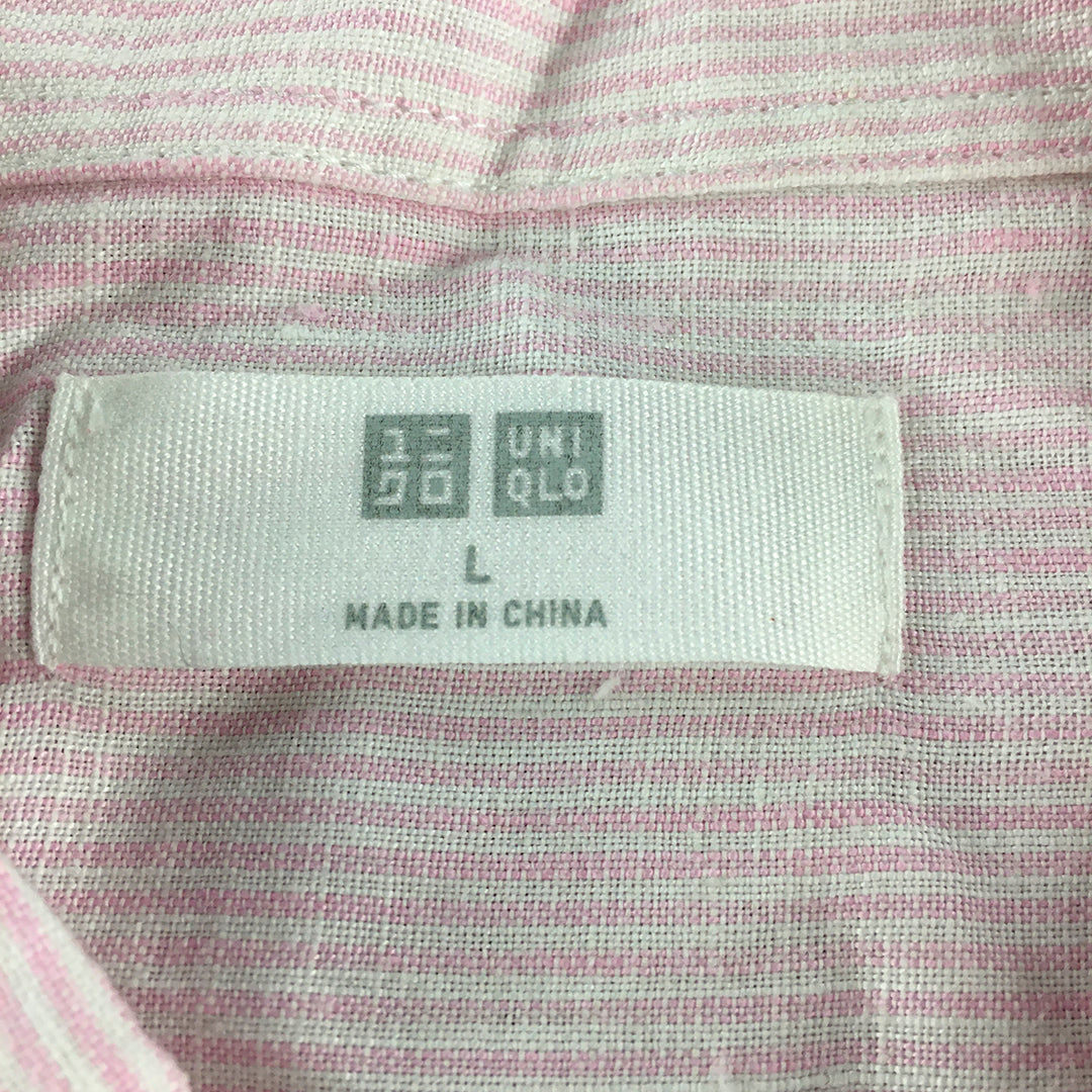 Uniqlo Mens 100% Flax Mens Shirt Size L Pink Long Sleeve Button-Up Pocket