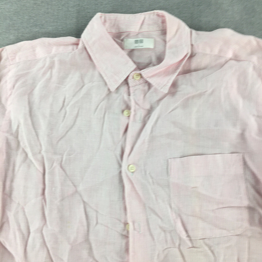 Uniqlo Mens 100% Flax Mens Shirt Size L Pink Long Sleeve Button-Up Pocket