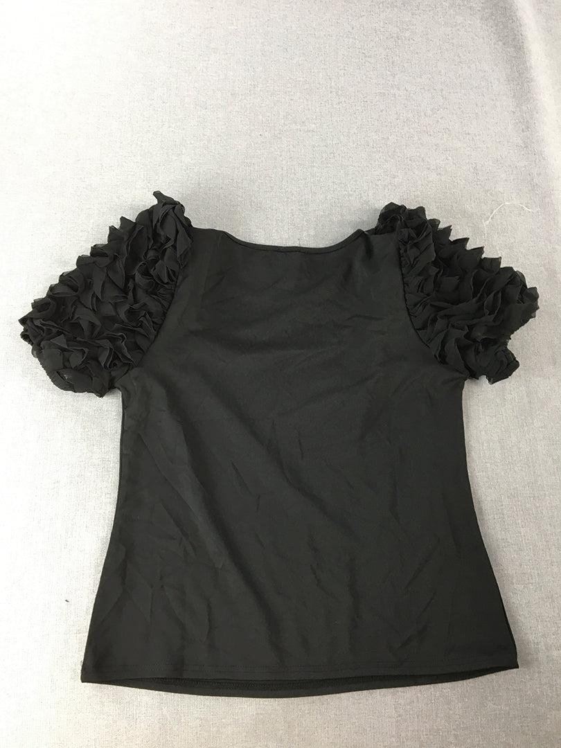 River Island Womens Top Size 12 Black Ruffled Sleeves Shirt Blouse