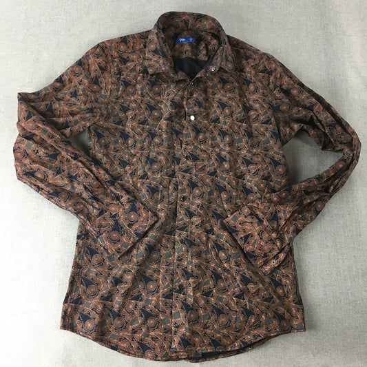 90 Plus Womens Shirt Size 10 Brown & Navy Floral Long Sleeve Button-Up