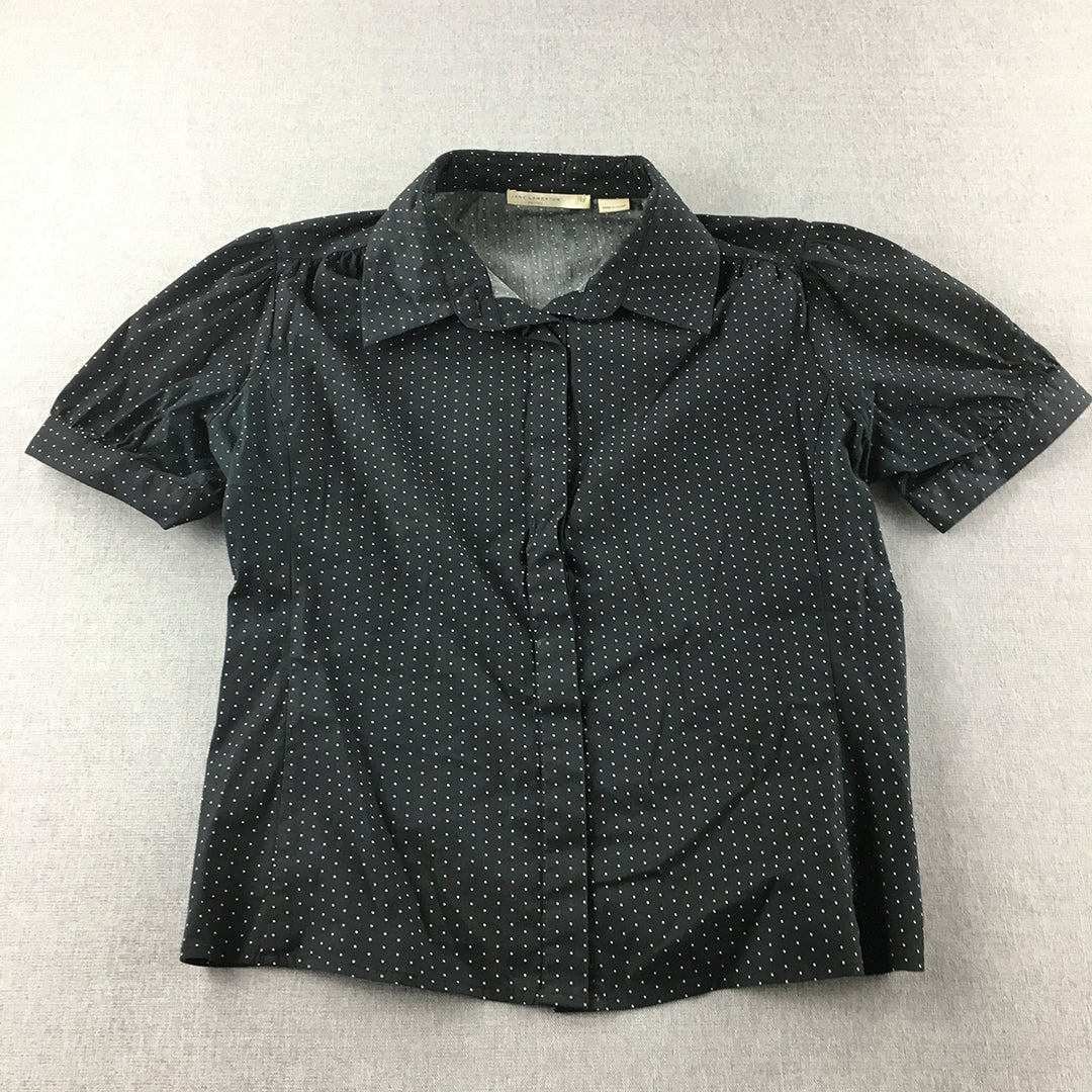 Jane Lamerton Petites Womens Shirt Size 12 Black Dot Short Sleeve Button-Up