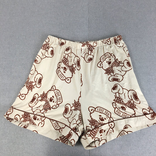 Valleygirl Womens Bermuda Shorts Size L White Brown Teddy Bear Elastic Waist