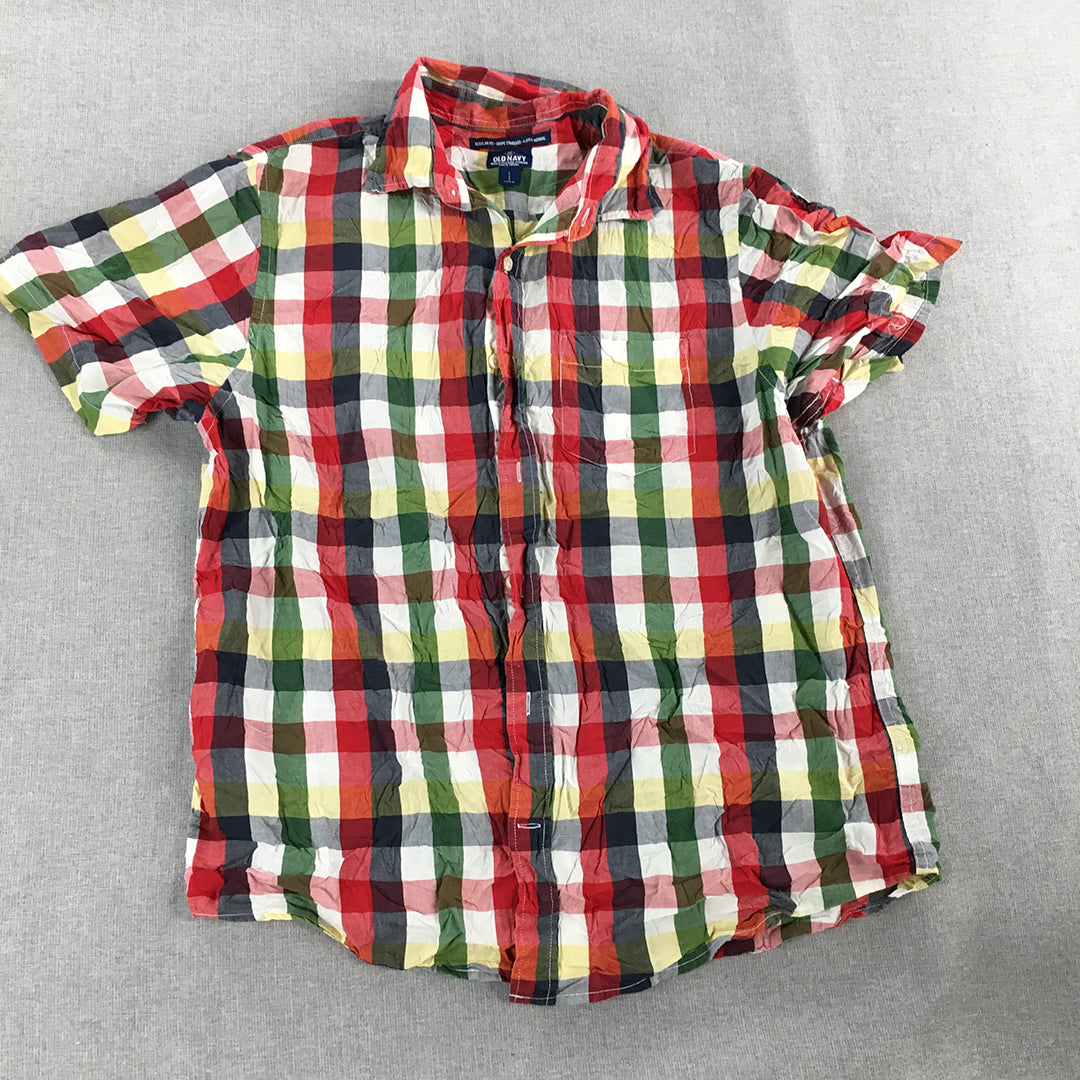 Old Navy Mens Shirt Size L Red White Checkered Short Sleeve Button-Up