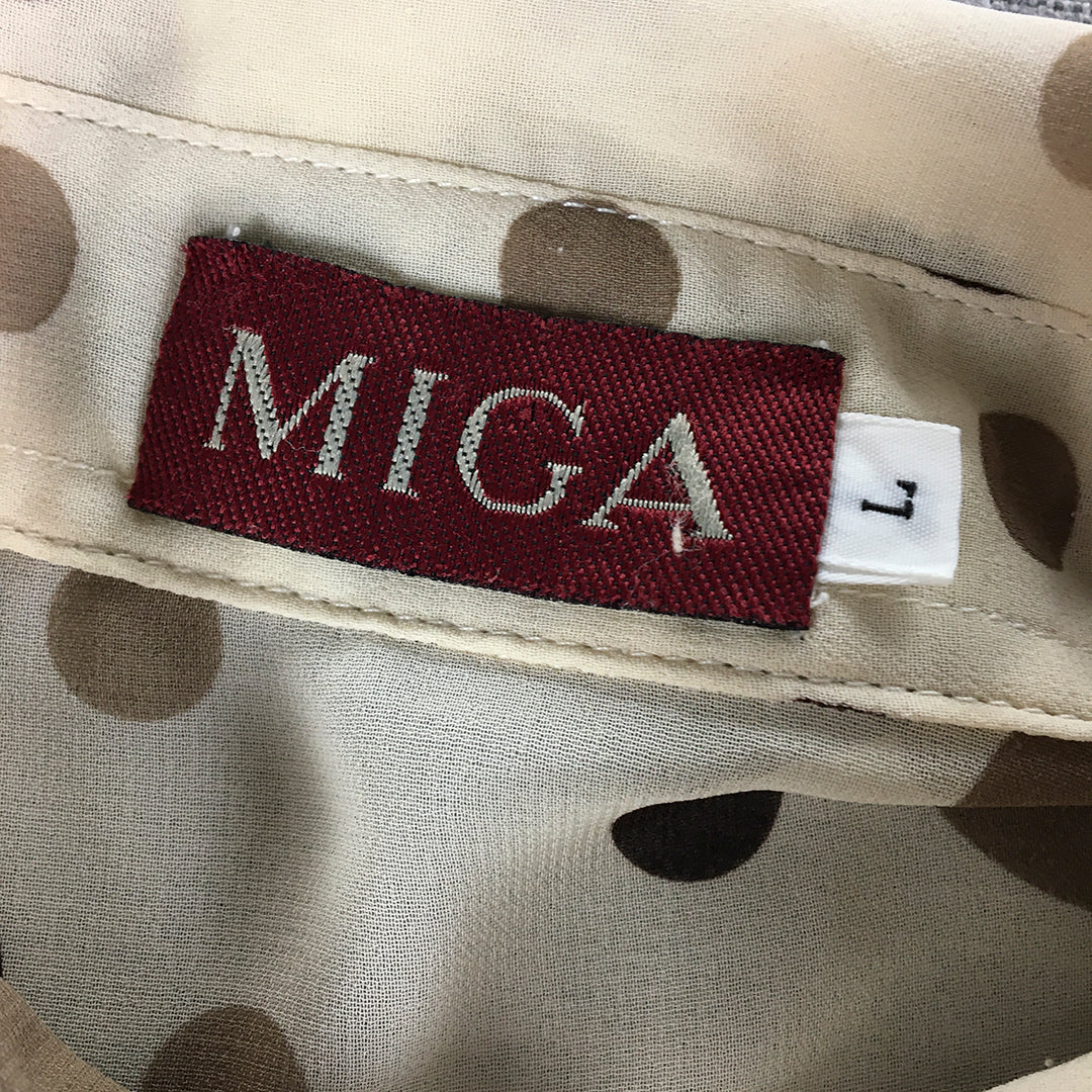 Vintage 80s 90s MIGA Womens Top Size L Brown Dot Pattern Abstract Button-Up