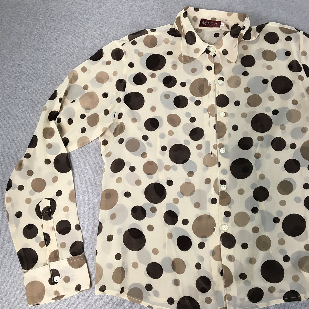 Vintage 80s 90s MIGA Womens Top Size L Brown Dot Pattern Abstract Button-Up