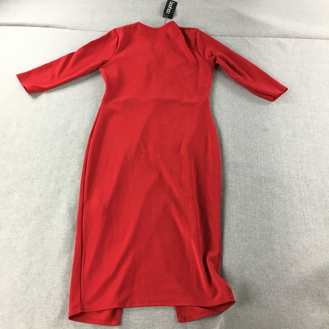 Boohoo Womens Dress Size 10 Red Midi Long Sleeve Wrap Pencil