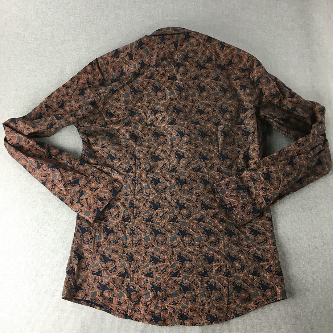 90 Plus Womens Shirt Size 10 Brown & Navy Floral Long Sleeve Button-Up