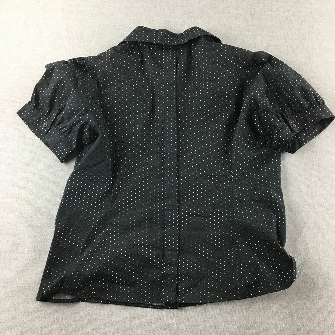 Jane Lamerton Petites Womens Shirt Size 12 Black Dot Short Sleeve Button-Up