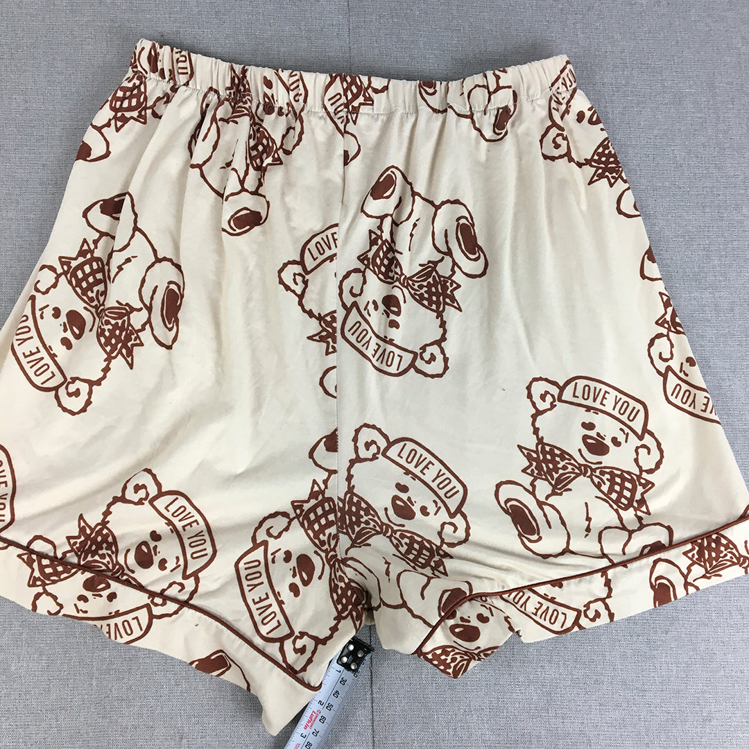 Valleygirl Womens Bermuda Shorts Size L White Brown Teddy Bear Elastic Waist