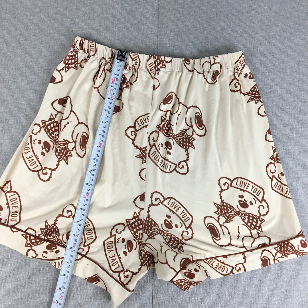 Valleygirl Womens Bermuda Shorts Size L White Brown Teddy Bear Elastic Waist