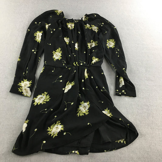 Indikah Womens Mini Dress Size 10 Black Floral Long Sleeve