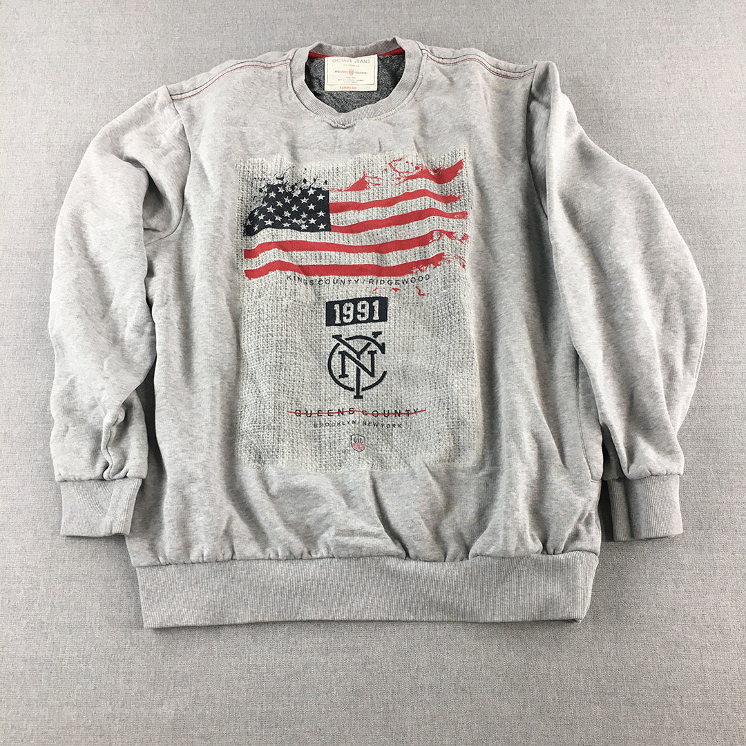 Octave Jeans Mens Sweater Size XL Grey USA Flag Crew Neck Jumper