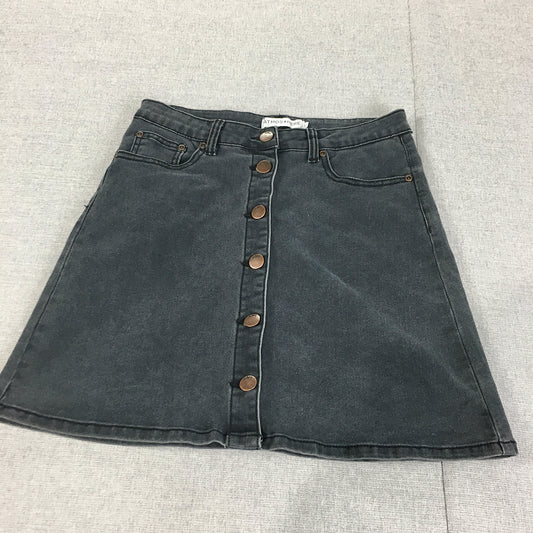 Atmos & Here Womens Denim Mini Skirt Size 8 Black Button A-Line