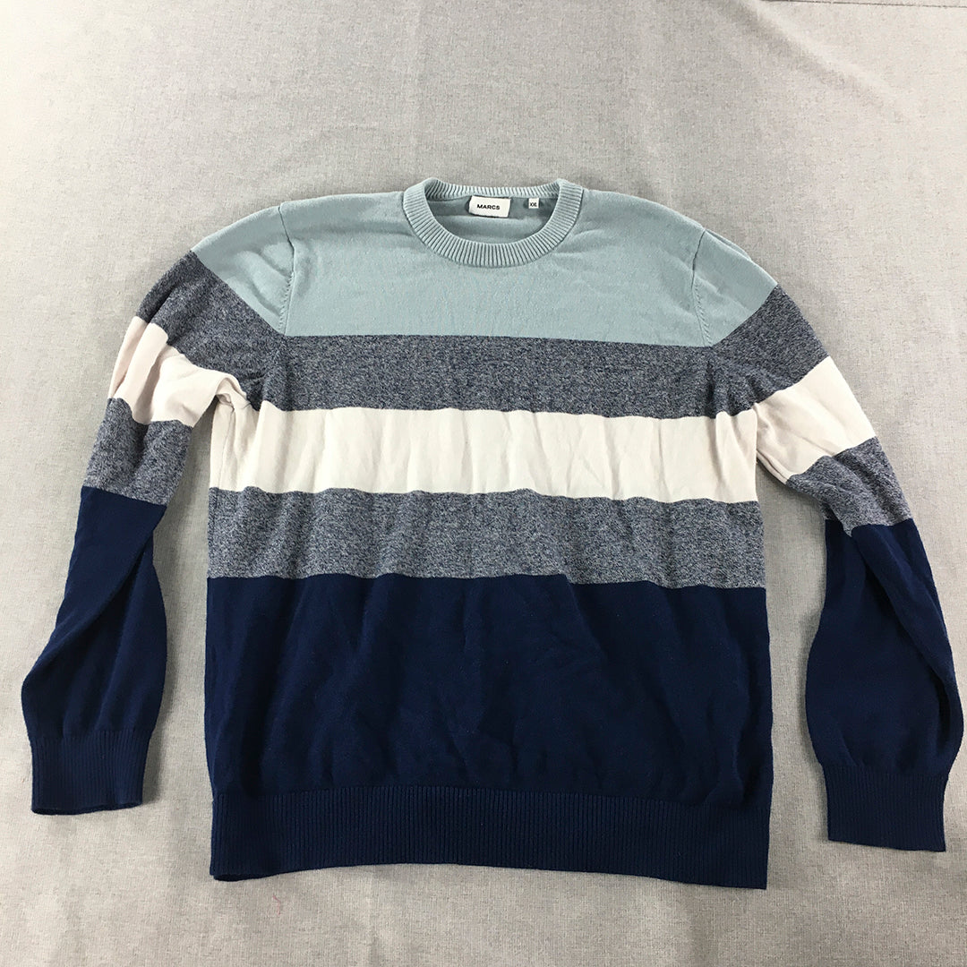 Marcs Mens Knit Sweater Size 2XL Blue Stiped Crew Neck Pullover Jumper