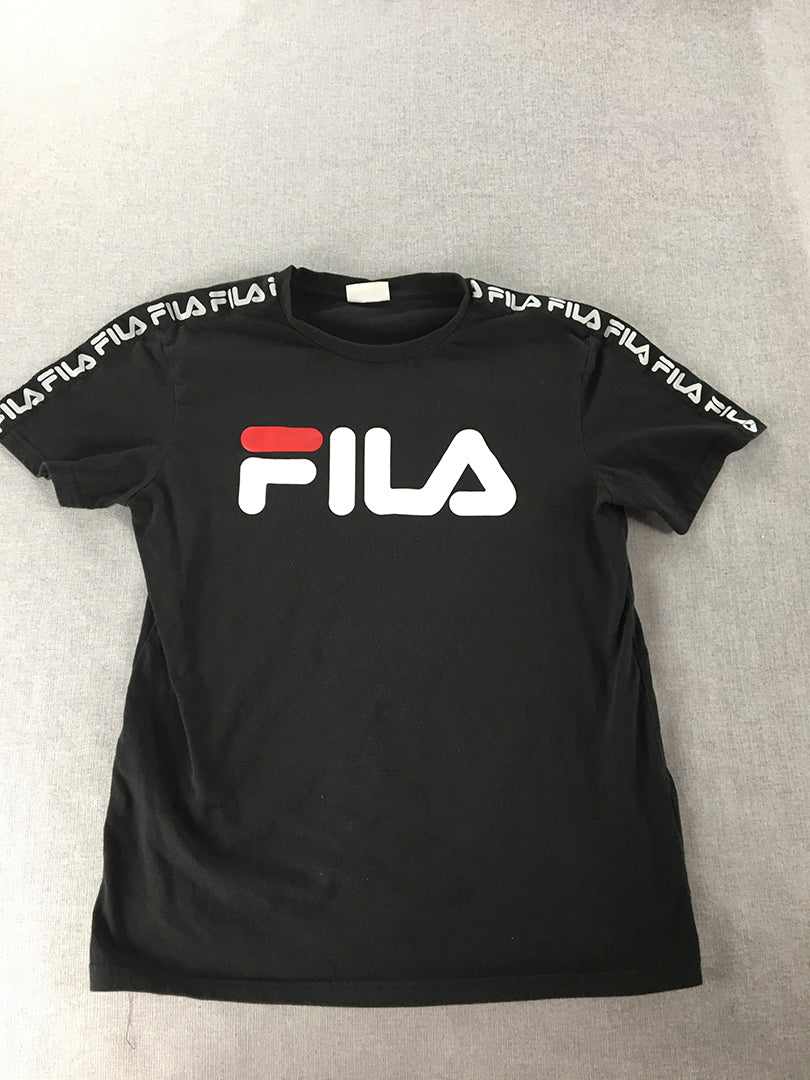 FILA Mens T-Shirt Size S Black Big Logo Taping Short Sleeve Crew Neck Tee