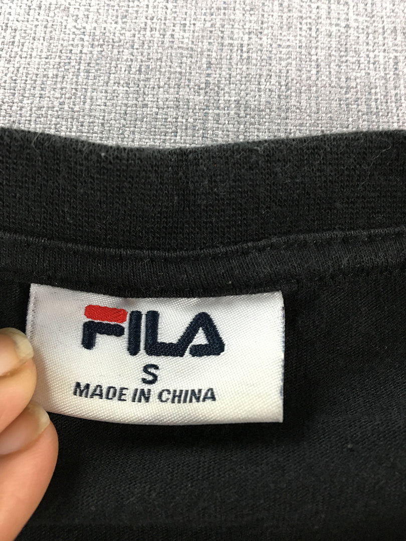 FILA Mens T-Shirt Size S Black Big Logo Taping Short Sleeve Crew Neck Tee