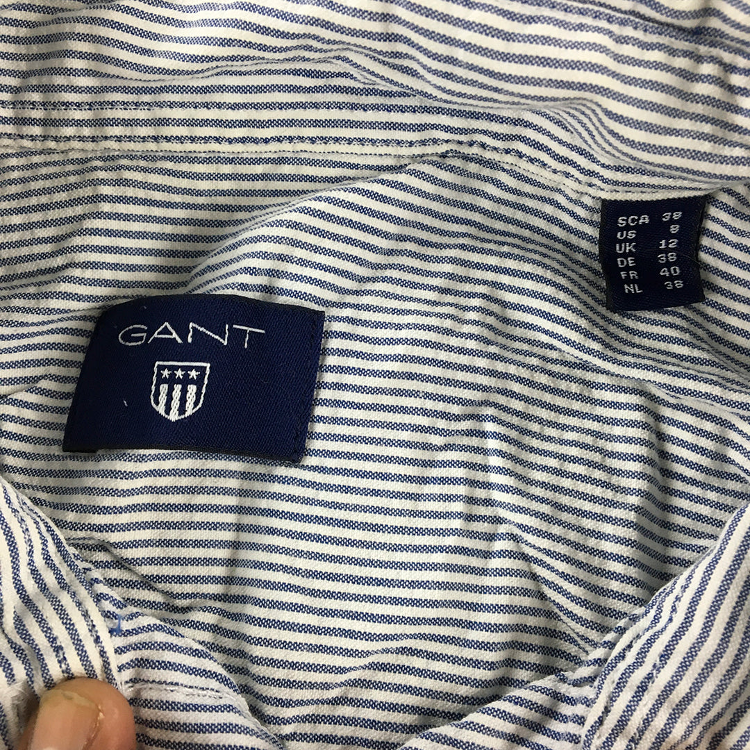 Gant Womens Shirt Size 8 Blue White Striped Logo Pockets Button-Up Short Sleeve