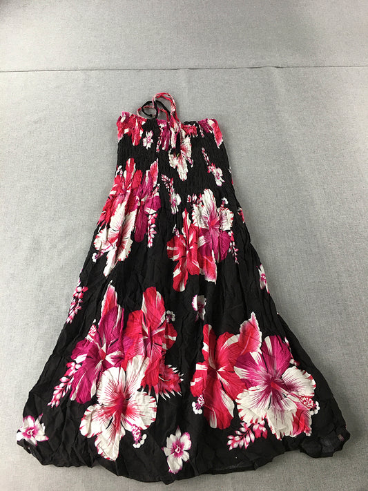 Vara's Womens Hawaiian Dress Size L Black Pink Aloha Floral Sleeveless Mini