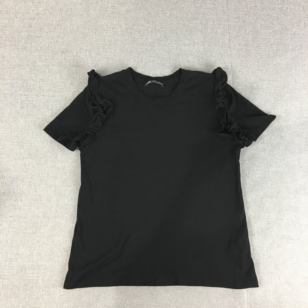 Zara Womens T-Shirt Size S Black Short Sleeve Frilled Sleeve Top