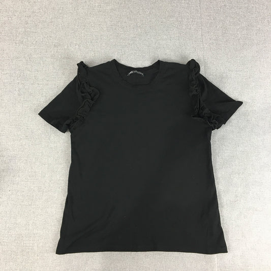 Zara Womens T-Shirt Size S Black Short Sleeve Frilled Sleeve Top