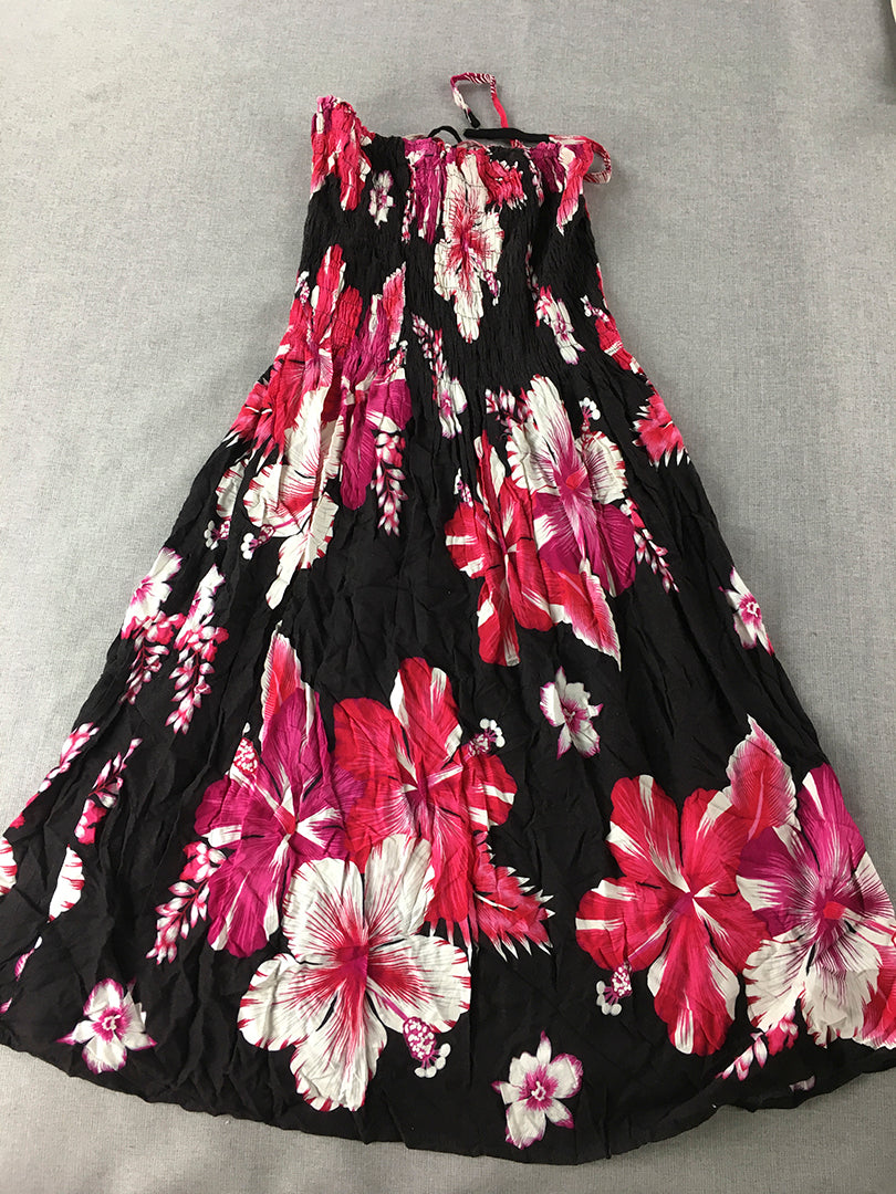 Vara's Womens Hawaiian Dress Size L Black Pink Aloha Floral Sleeveless Mini