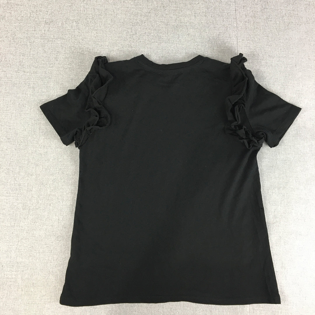 Zara Womens T-Shirt Size S Black Short Sleeve Frilled Sleeve Top