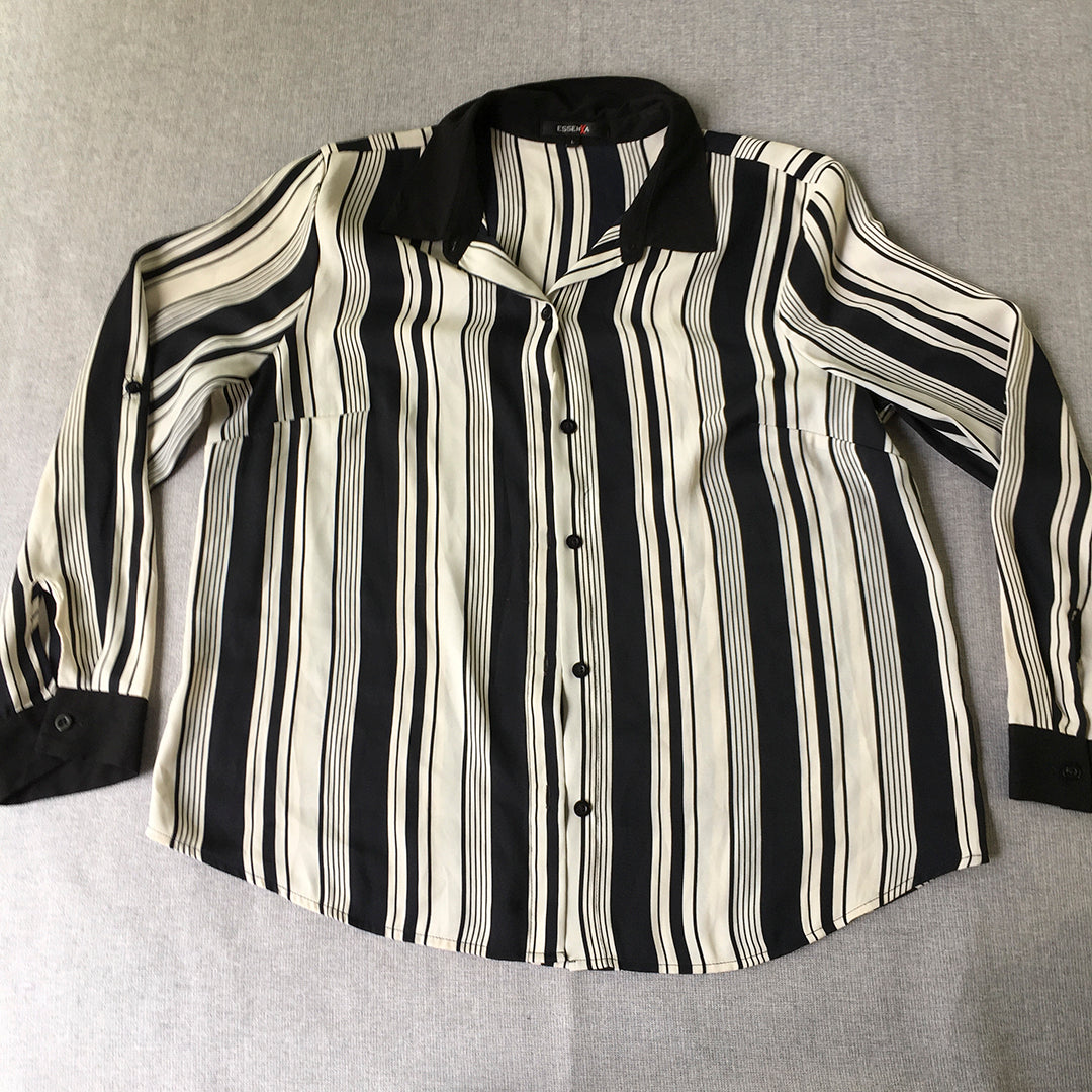 Essenxa Womens Shirt Size L Black White Striped Bowling Button-Up Long Sleeve