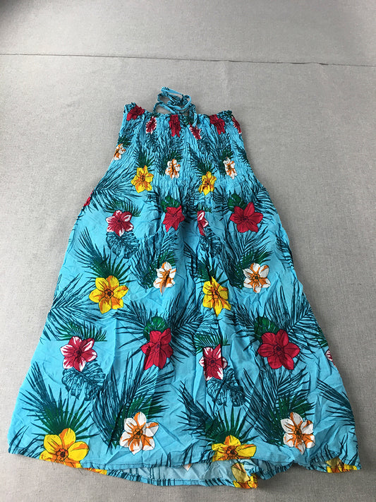 Vara's Womens Hawaiian Dress Size L Blue Pink Aloha Floral Sleeveless Mini