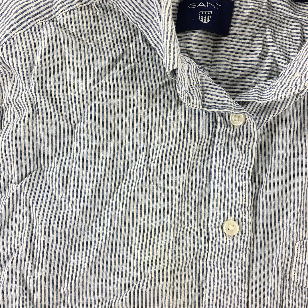 Gant Womens Shirt Size 8 Blue White Striped Logo Pockets Button-Up Short Sleeve