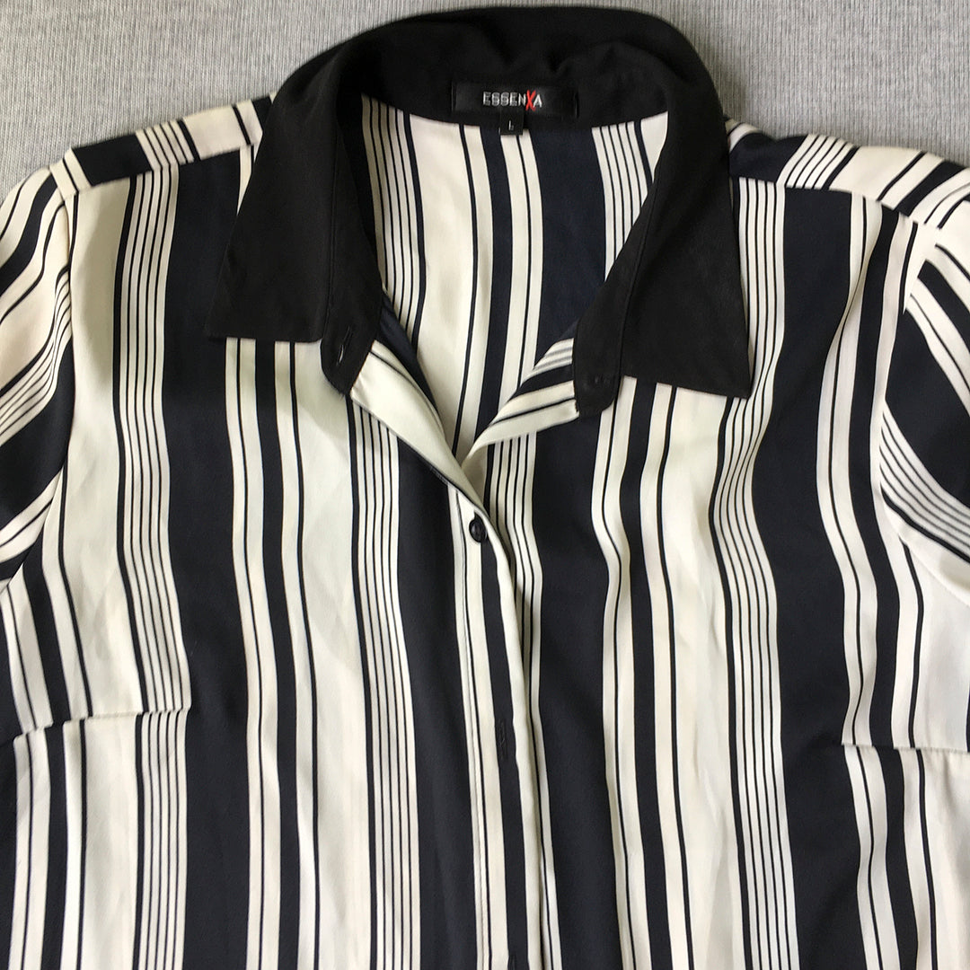 Essenxa Womens Shirt Size L Black White Striped Bowling Button-Up Long Sleeve