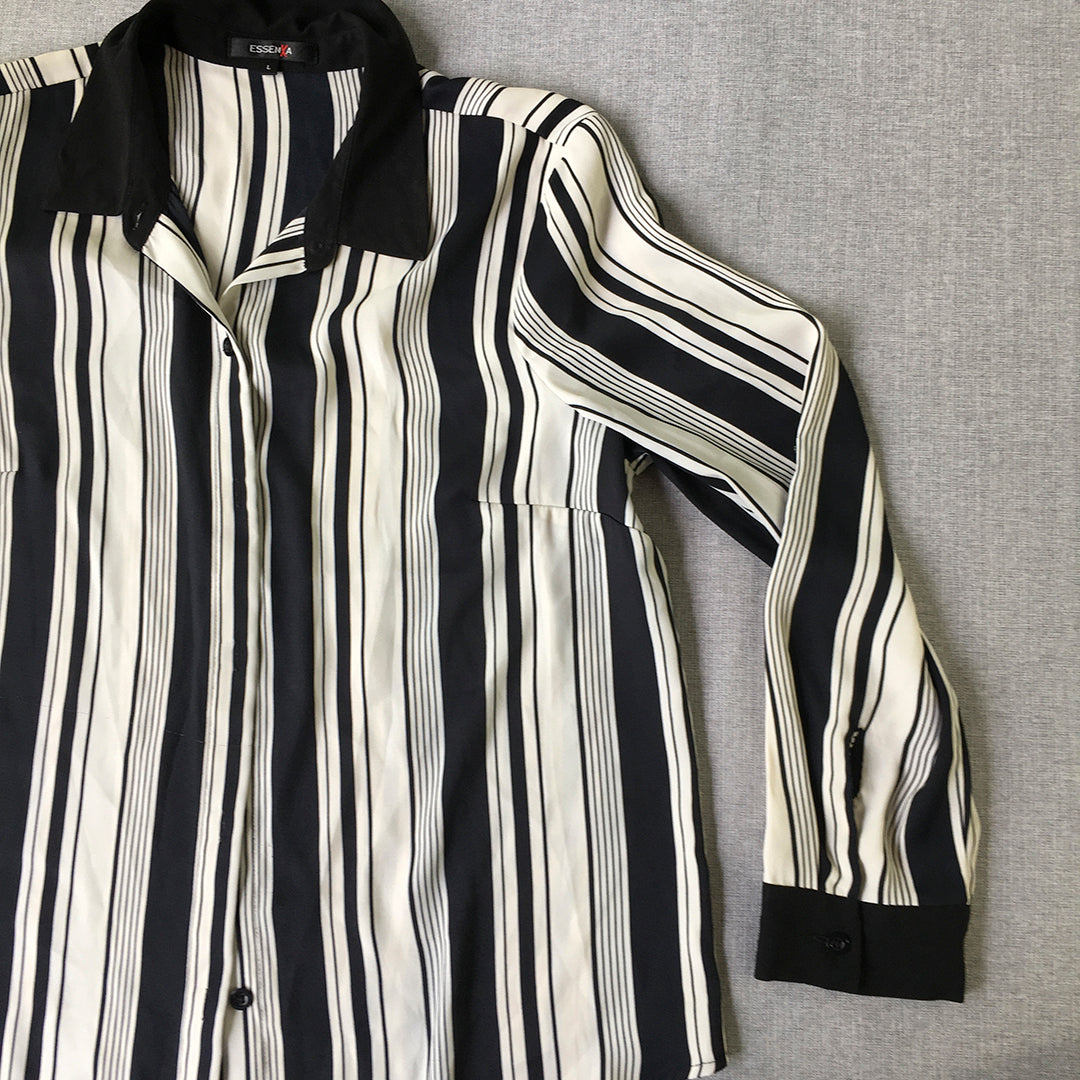 Essenxa Womens Shirt Size L Black White Striped Bowling Button-Up Long Sleeve